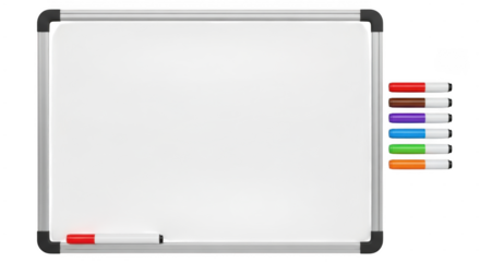 Whiteboard with colorful markers and eraser on transparent background