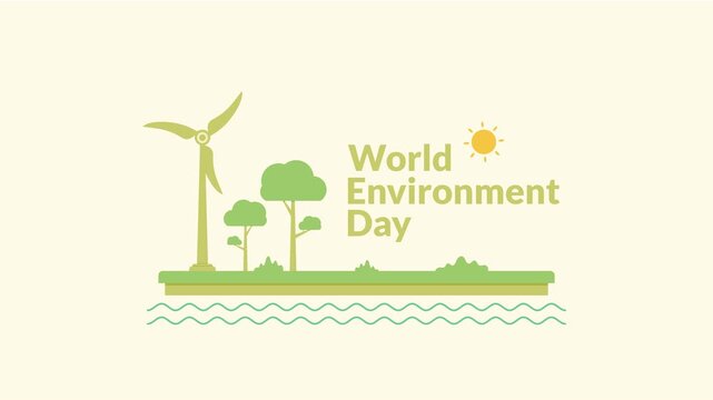 A greeting animation saying &ldquo;World Environment Day&rdquo; featuring a green landscape area with trees, windmills, the sun, and water. Environmental awareness. Simple animation. Motion graphics.