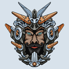 Futuristic Bearded Warrior in Cybernetic Helmet