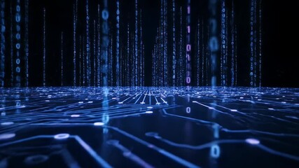 Blue binary code falling onto a futuristic digital circuit board - Powered by Adobe