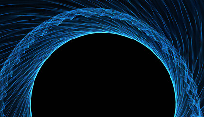 青色の光がアーチ状に流れる抽象ライン背景。Abstract line background with blue light arching.