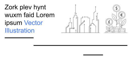 Fototapeta premium Urban development, financial growth, technology, innovation, economy, sustainability. A city skyline with digital elements and a plant growing coins. Urban development and financial growth