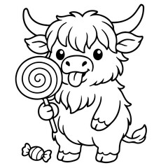 Sweet Treat with Highland Cow: An adorable Highland cow, eyes sparkling with delight, playfully clutches a swirly lollipop, accompanied by a small wrapped candy.