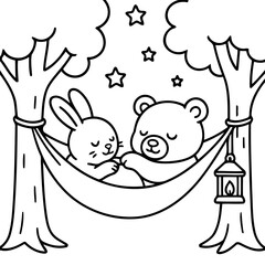 Fototapeta premium Serene Slumber: A sweet, hand-drawn illustration captures the tranquil moment of a bear and rabbit peacefully sleeping in a hammock under a starlit night.
