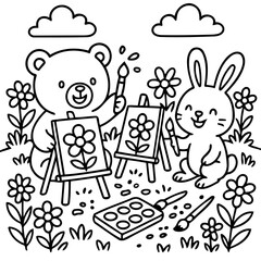Fototapeta premium Artistic Companions: A charming illustration depicts a bear and a rabbit joyfully engaged in a painting session, surrounded by cheerful floral elements and fluffy clouds.