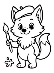 Fototapeta premium Artistic Fox's Coloring Page: A delightful illustration of a charming fox artist, adorned with a beret and paintbrush, ready to paint a masterpiece. 
