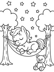 Fototapeta premium Whimsical Slumber: A serene unicorn peacefully rests in a hammock strung between trees, with a teddy bear near by under a starlit night.