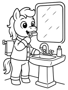 Horse in Bathroom: An adorable horse, dressed in pajamas, diligently brushes its teeth in front of a bathroom mirror, creating a whimsical and charming scene.
