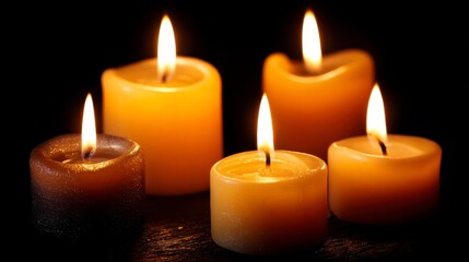 Close-up of five burning candles with varying sizes, warm tones against a stark black background