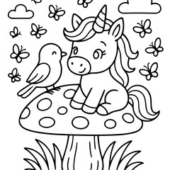 Fototapeta premium Whimsical Unicorn and Friend: A darling unicorn, with its iconic spiral horn, shares a moment with a chirping bird atop a speckled mushroom in a fairytale setting, surrounded by butterflies. 