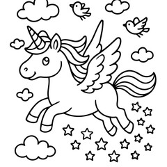 Fototapeta premium Celestial Unicorn's Flight: An ethereal unicorn with a spiral horn, feathered wings, and flowing mane soars gracefully through a whimsical sky, leaving a trail of shimmering stars.
