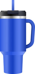 Realistic blue travel tumbler with handle and metal straw. Modern reusable drinkware illustration.