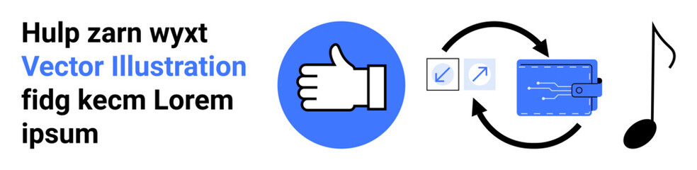 Online payments, e-commerce, content creation, multimedia exchange, user interaction, digital services. Thumbs up, digital wallet music note icon. Online payments and e-commerce concept