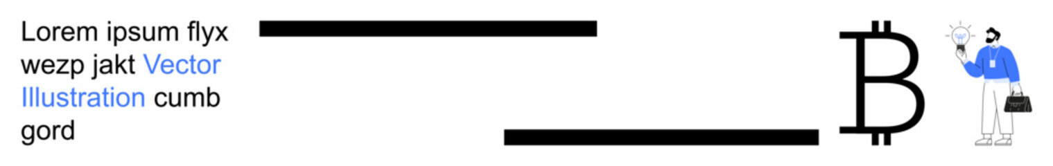 Obraz premium Cryptocurrency, digital finance, blockchain technology, investment, financial growth, fintech. Image features Bitcoin symbol and a cartoon person holding a star. Cryptocurrency and digital finance