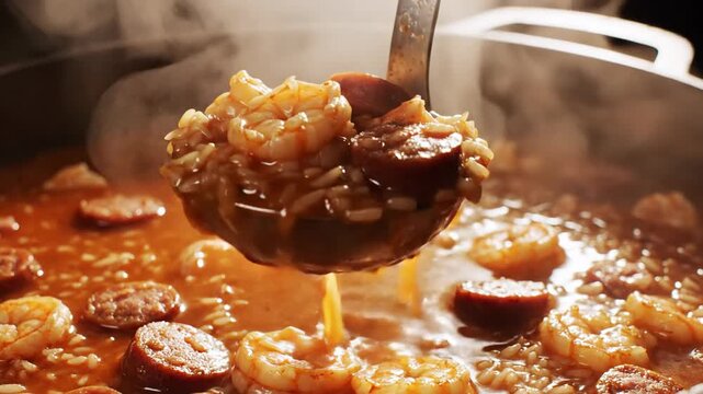 Ladle serving steaming hot shrimp and sausage gumbo from a pot. Delicious, hearty, and traditional Creole stew.