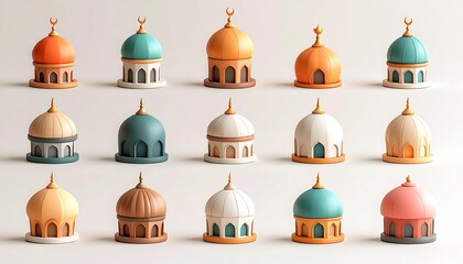 Isometric Mosque Illustrations in Various Colors Arranged on White Background