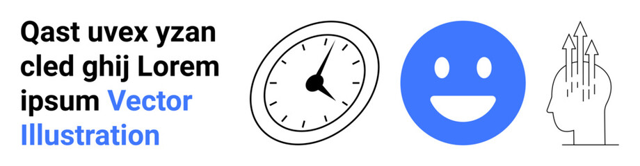 Fototapeta premium Time management, positivity, personal development, productivity, emotional wellness, goal setting. Circular clock, blue happy face head with upward arrows. Time management and positivity concept