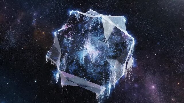 Abstract glowing ice cube in deep space with cosmic nebulae. Futuristic crystal structure and starry background.