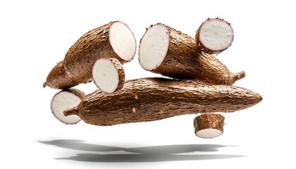 Fresh cassava roots hovering with rough brown skin and visible white flesh texture, soft natural shadow below, isolated on a bright clean white background in realistic studio style.