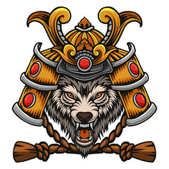 Fierce Wolf Warrior in Golden Samurai Helmet