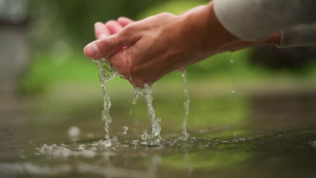 caucasian hands skimming puddle surface, fingertips creating ripples across reflective patio, glossy wet pavement, green shrub reflections, playful landscape designer testing material, rainsaturated