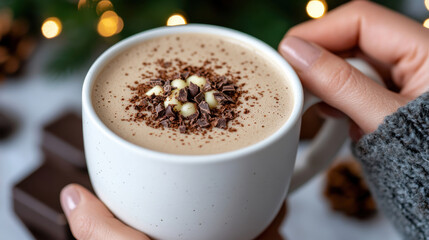 A rich and creamy hot chocolate, presented in elegant mugs and topped with chocolate shavings, invites warmth and indulgence, making it perfect for cozy, festive moments and celebrations.