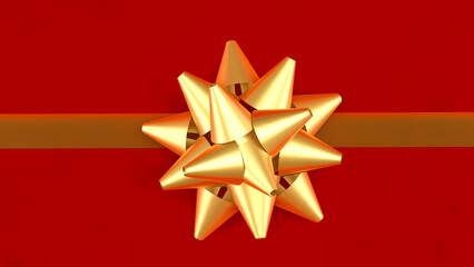 Golden Gift Bow on Red Background Representing Celebration and Luxury Concept 3d render.