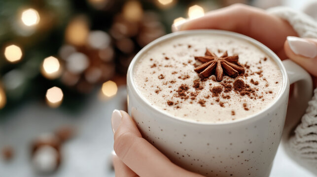 A warm cup filled with a spiced hot beverage topped with star anise and cocoa powder, embodying cozy winter evenings and the joy of seasonal flavors in every sip.