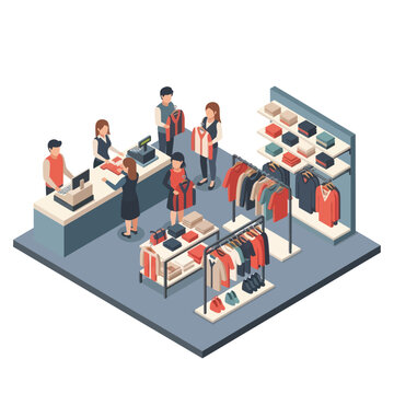 Isometric Clothing Store with Customers Shopping.