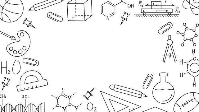 Animated school supplies, physics, chemistry, geometry, biology. Back to school. School-themed animation with formulas. Scientific equipment drawn with lines.