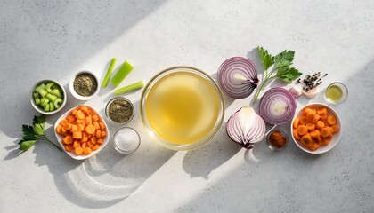 Flat-lay of soup ingredients with chopped carrots, celery, onion, chicken broth, spices, and parsley, neatly arranged on a clean surface.