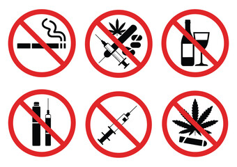Forbidding Vector Signs, a clean isolated vector collection featuring no smoking, no drugs, no vaping, and no alcohol symbols for public safety, health, and educational design