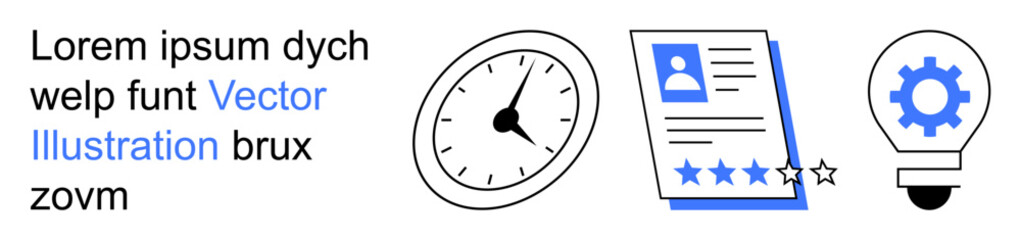 Time tracking, career development, innovation, efficiency, human resources, performance evaluation. Clock, resume with stars light bulb with gear. Time management and career development concepts