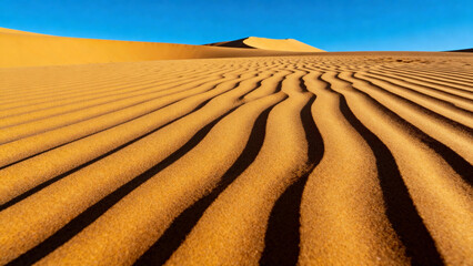 Sand dunes with rippled patterns under clear blue sky in desert landscape
