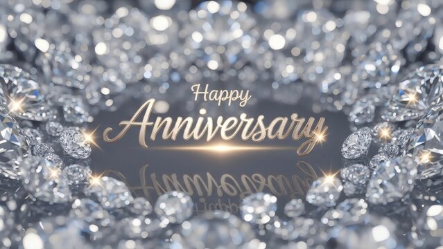 Luxury Happy Anniversary Greeting Banner Surrounded by Brilliant Sparkling Diamond Gems