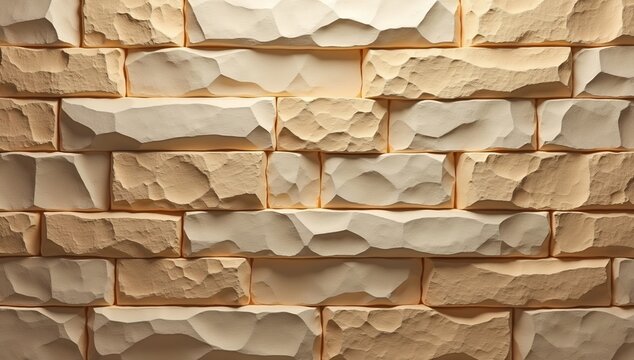 A wall constructed from alternating light beige and tan rectangular blocks with deeply chiseled irregular and textured surfaces