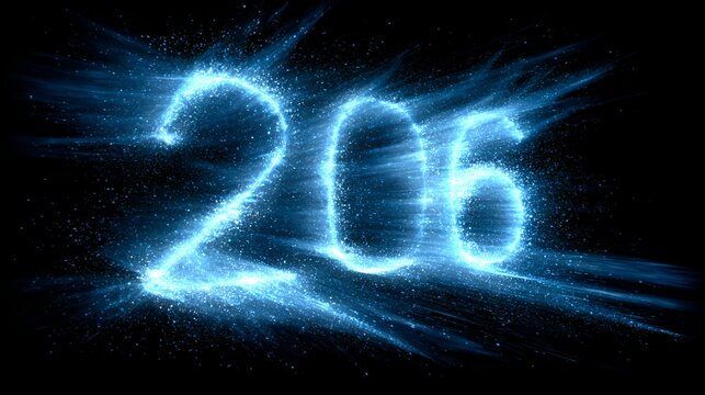 Brilliant blue light particles form the number 206 with dynamic trails and glowing energy against a dark black backdrop creating a magical scene.