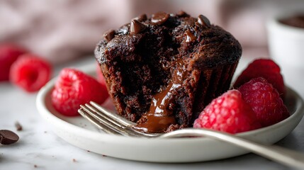 Chocolate muffin with molten center served with fresh raspberries creating rich indulgent dessert scene close-up