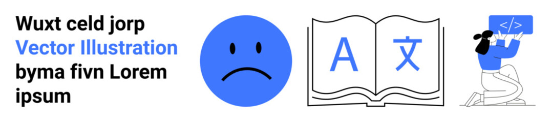 Fototapeta premium Education, language translation, coding, emotions, learning resources, technology tools. Sad face emotion, open book with language icons programmer using computer for coding. Education and language