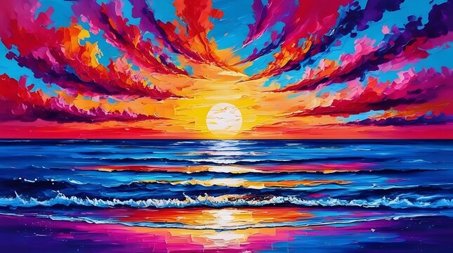 Vibrant Abstract Ocean Sunset Painting - Colorful Swirling Clouds Seascape Wall Art