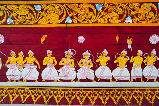 Stunning fresco depicting dancers celebrating the Esala perehera procession of the sacred tooth in its golden casket at the Temple of the Tooth,Sri Dalada Maligawa,built in 1595 in Kandy,Sri Lanka