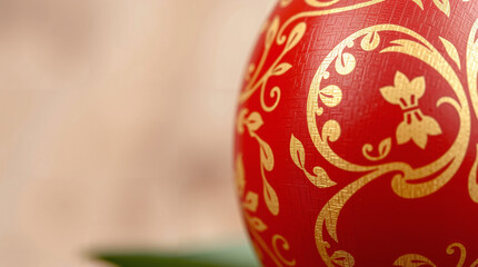 Close-up of a decorative red Easter egg with golden patterns on a soft blurred background