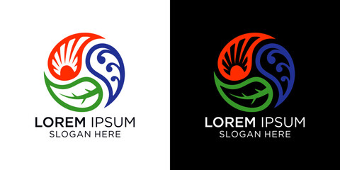 A logo design featuring elements of  the sun, the sea and leaves that form a circle and rotate in harmony with the concept of the world, perfect for businesses looking for a natural concept.