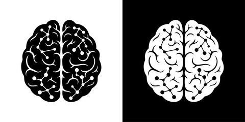 Dual brain molecular illustrations in black and white contrasting backgrounds
