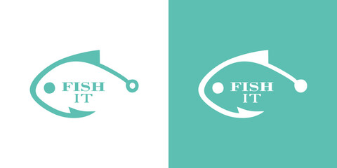 Modern fishing logo designs with fish hook and FISH IT text inside design logo.