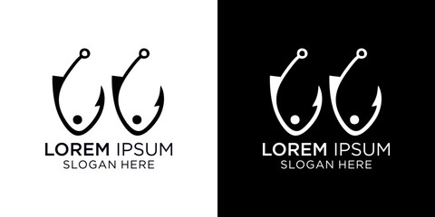 Modern fishing hook logo design with placeholder text on white and black background.