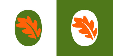 Vibrant orange oak leaf logos on green and white backgrounds. Suitables for Vegan Resto or natural ingredient.