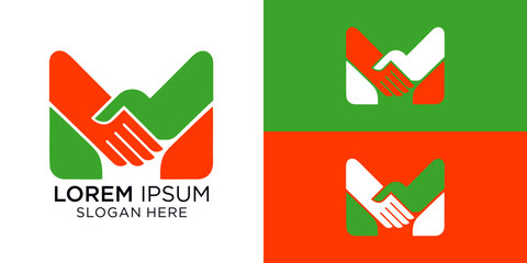Handshake logo with modern color scheme and placeholder text. M letter logo with handshake meaning dealing project. 
