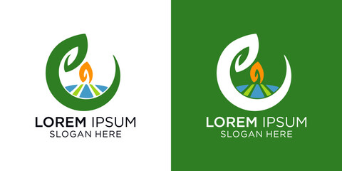Logo design with flame and leaf elements for business branding. 
