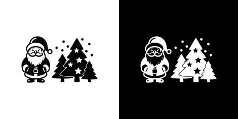 Santa Claus standing beside Christmas trees in snowy scene